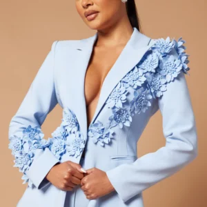 Claudette Floral Embroidered Suit Set - Light Blue